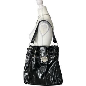 Y2K “G-Fresh” Black Shiny Faux Leather Tote Bag with Buckle Detail